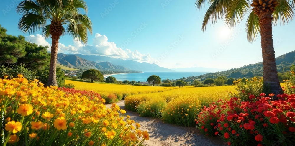 Obraz premium Vistas de arrozales en Calasparra con sol saliente y palmeras al fondo, , jard?n