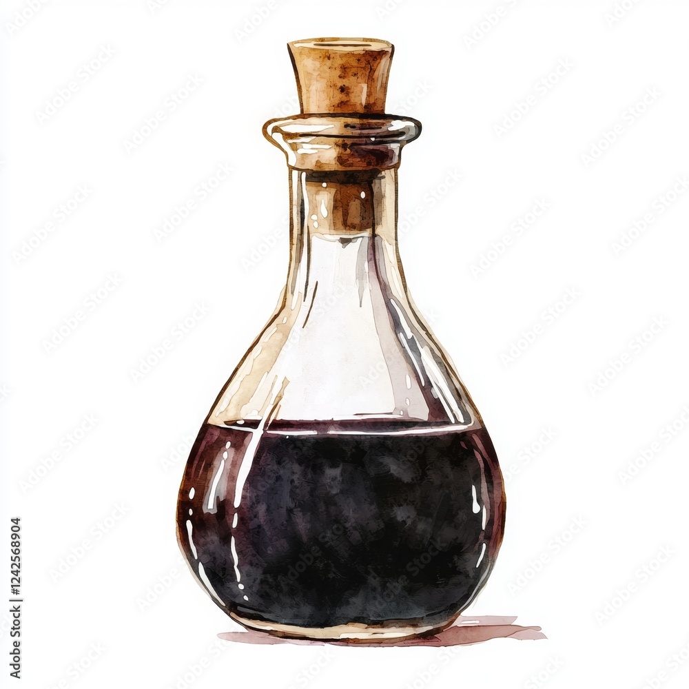 Glass Bottle with Cork Stopper Containing Dark Liquid Illustrating Vintage Apothecary Style and Natural Elements Glass Bottle with Cork Stopper Containing Dark Liquid Illustrating Vintage Apothecary Style and Natural Elements