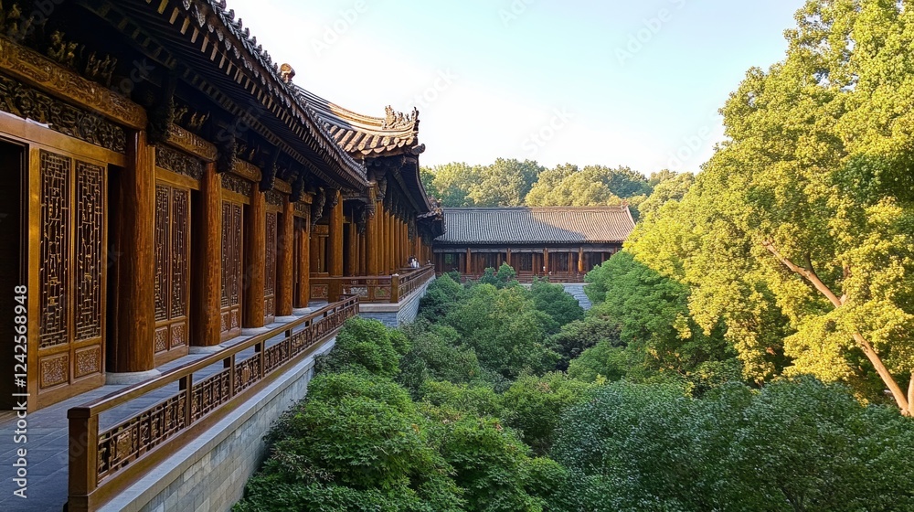 Obraz premium Serene Chinese Temple Complex Overlooking Lush Green Gardens