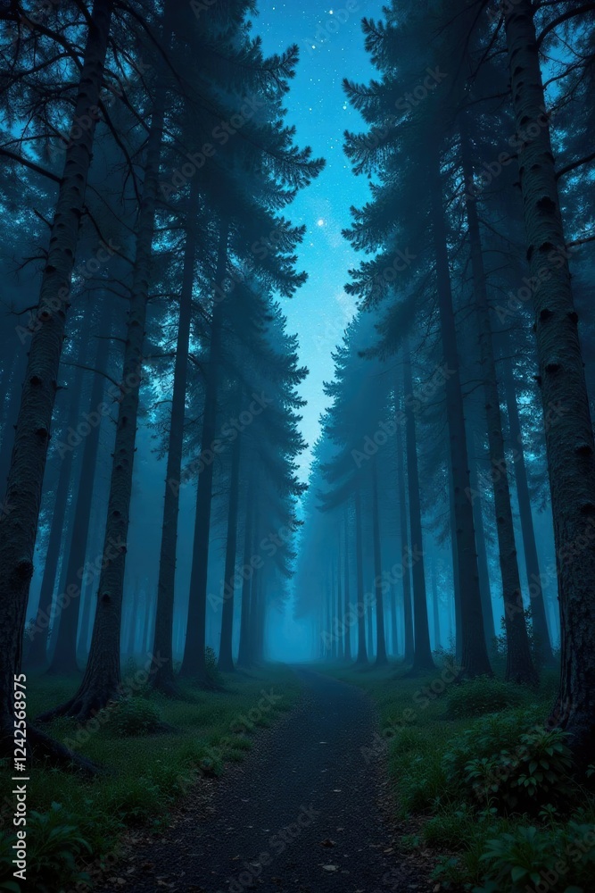 Obraz premium Dense birch and pine forest floor under starry night sky with misty atmosphere, nocturnal, pine