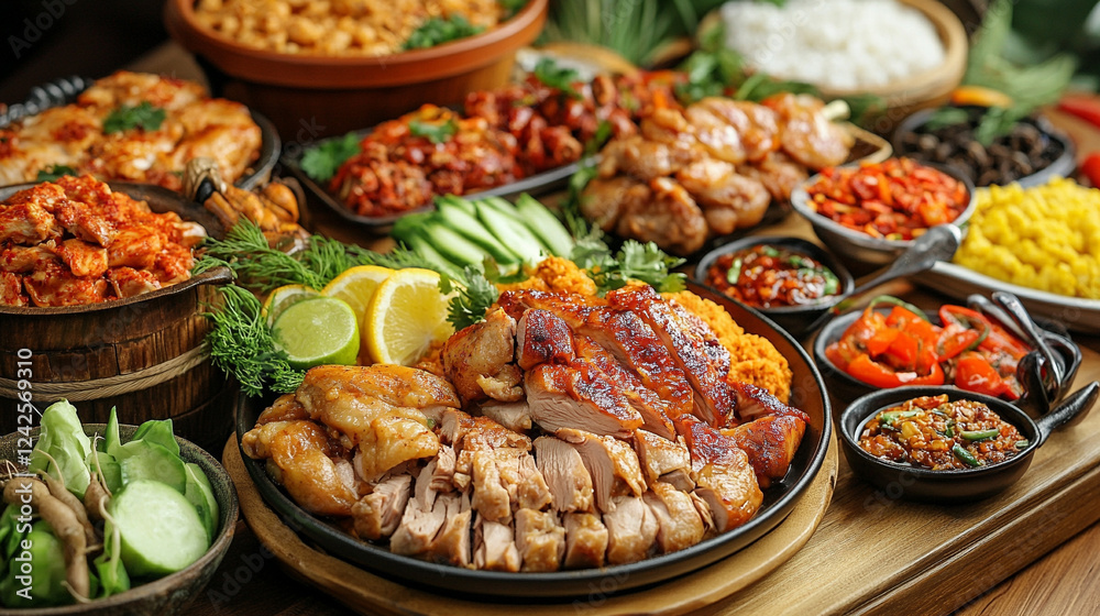 Chicken with ingredients, vegetables, spices and sauces for preparing food Chicken with ingredients, vegetables, spices and sauces for preparing food