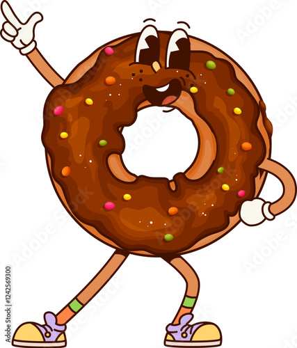 Donut dessert groovy character with funny face and happy smile, cartoon vector. Groovy donut pastry with chocolate and caramel sprinkles dancing disco in hipster shoes as comic cartoon sweet character