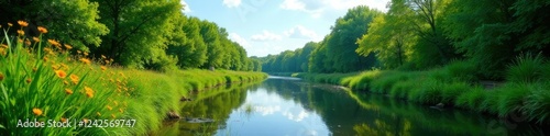 Lush vegetation and overgrown riverbanks meet the summer sky, plants, nature, foliage
