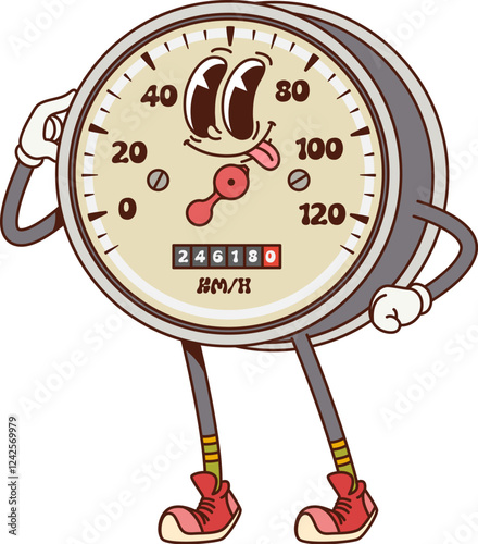 Cartoon retro groovy car speedometer character. Car spare part happy isolated vector personage or automobile dashboard gauge comical groovy mascot. Auto transport analog speedometer childish character
