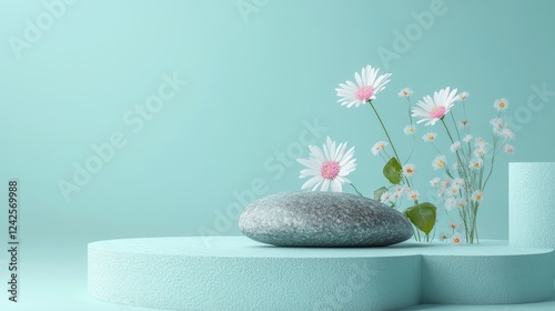 A minimalistic scene of a lying stone with flowers on a light blue background Catwalk for the presentation of products and cosmetics Showcase with a stage for natural products