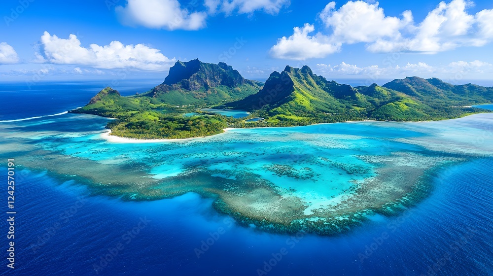 Fototapeta premium Tropical paradise with turquoise waters, lush green islands under a bright blue sky, perfect for travel and relaxation themes.