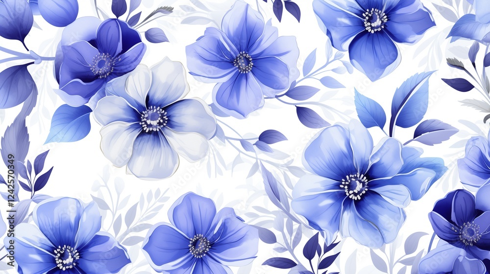 Fototapeta premium 3D isometric colorful seamless summer pattern featuring indigo watercolor flowers, isolated on a white background, lively and artistic design