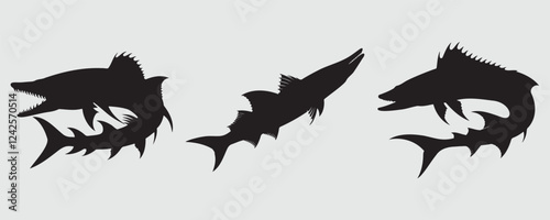 Set of three barracuda silhouettes with sharp fins, streamlined bodies, and jagged teeth, representing their aggressive and predatory nature in aquatic life