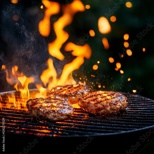 Juicy Burgers Grilling on a Charcoal Grill
