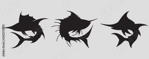 Set of three swordfish silhouettes featuring long, pointed bills, streamlined bodies, and sharp fins, embodying speed, power, and elegance in the marine world