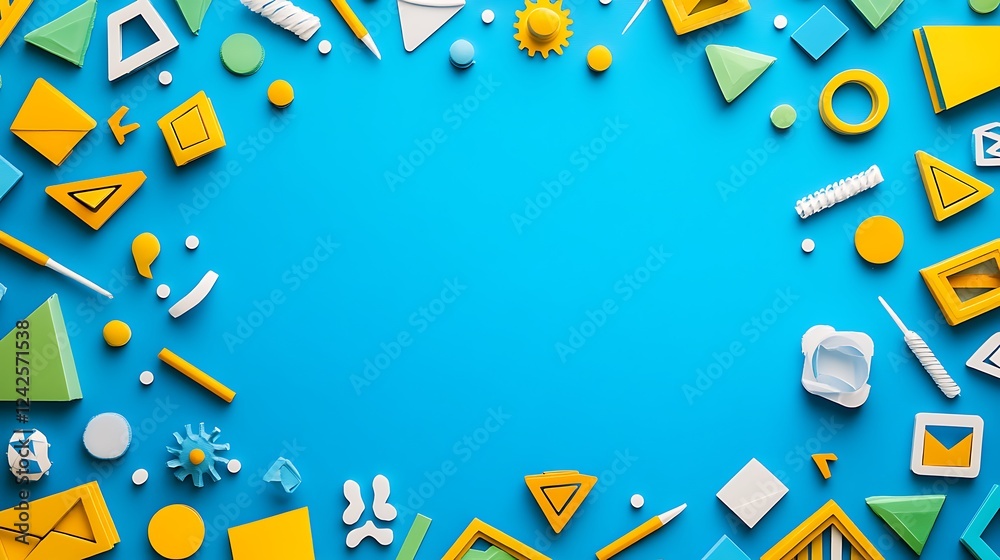 Colorful shapes frame, blue background, design concept