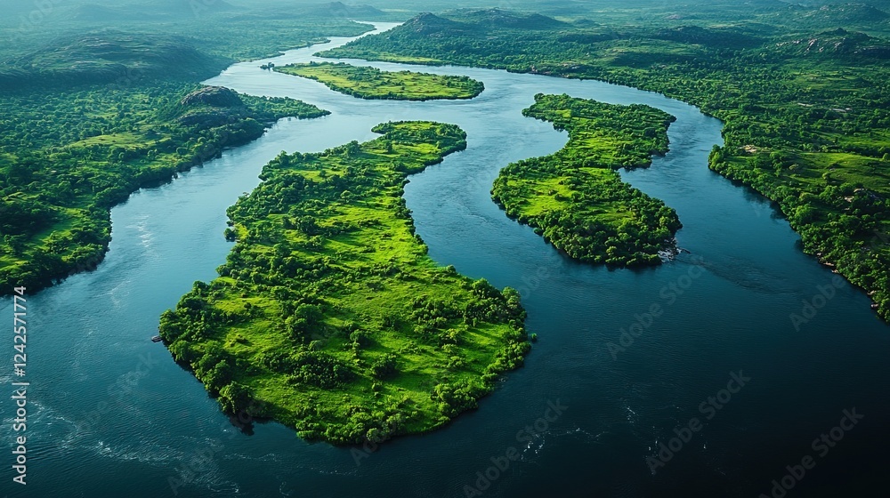 Fototapeta premium Winding river through lush green islands, aerial view of a beautiful landscape