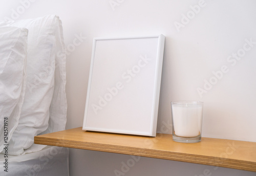 White Frame Mockup, Bed Room Interior, white interior, Shelve, Candle, poster mockup, lifestyle, 8X10 Frame