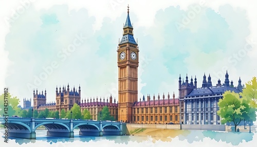 A stunning watercolor painting of the iconic Elizabeth Tower (Big Ben) and the Houses of Parliament in London, England, showcasing the architectural detail and serene river scene.