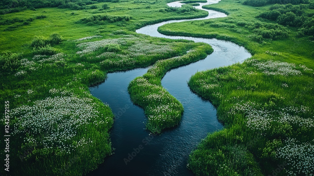 Winding river through lush green meadow, aerial view Winding river through lush green meadow, aerial view