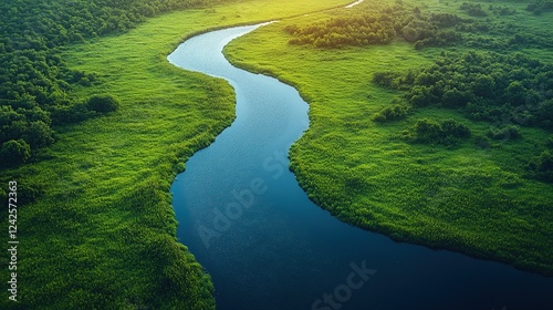 Wallpaper Mural Winding river through lush green meadow at sunset, aerial view Torontodigital.ca