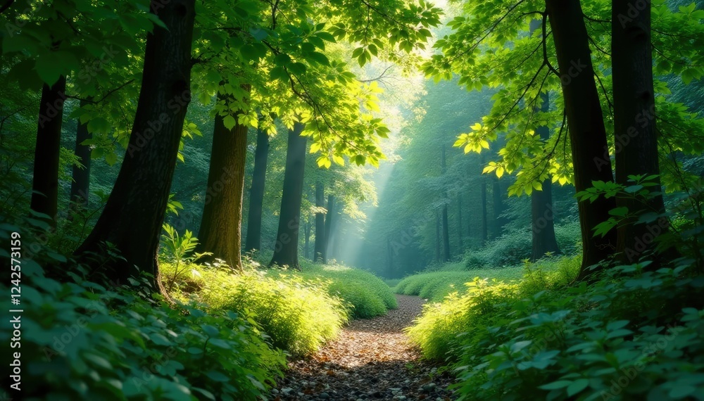 Obraz premium Dense foliage obstructs sunlight in a shaded clearing, undergrowth, overgrowth, dappled light