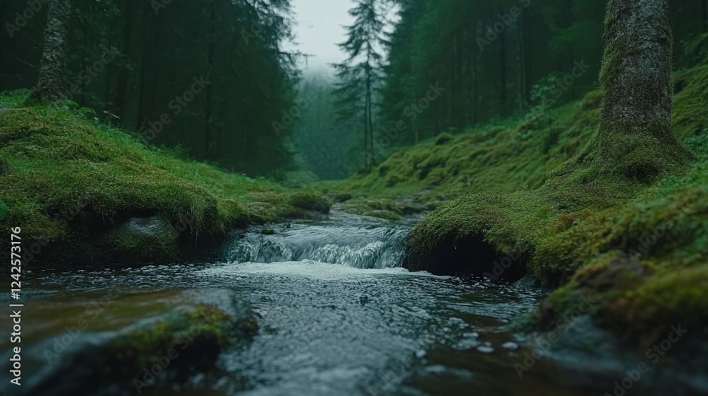 Serene Forest Stream Flowing Through Mossy Banks Serene Forest Stream Flowing Through Mossy Banks