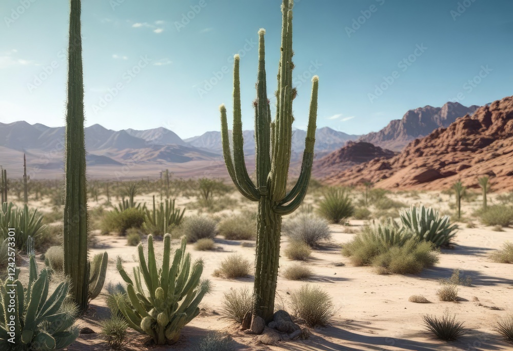 tall cactus plant in a desert landscape with green and white spines , desert landscape, desert garden tall cactus plant in a desert landscape with green and white spines , desert landscape, desert garden