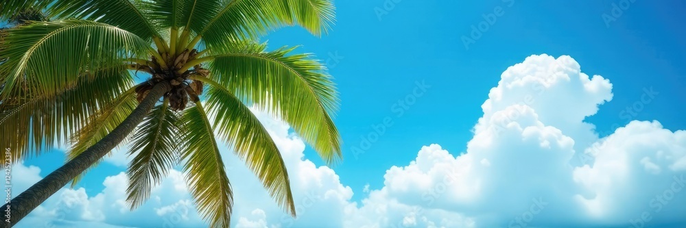 Coconut tree leaves rustle softly in the breeze as fluffy white clouds drift across the bright blue sky, branches, relaxation Coconut tree leaves rustle softly in the breeze as fluffy white clouds drift across the bright blue sky, branches, relaxation