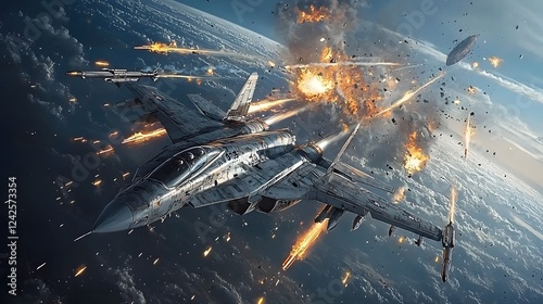 Intense aerial battle between human fighter jets and alien spacecraft unfolding in the skies above Earth s atmosphere with explosions missiles and high speed maneuvers