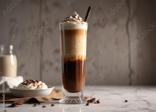 Tall glass filled with a layered coffee drink containing milk, cream, and chocolate syrup for a decadent treat , tall glass, milk, cream photo