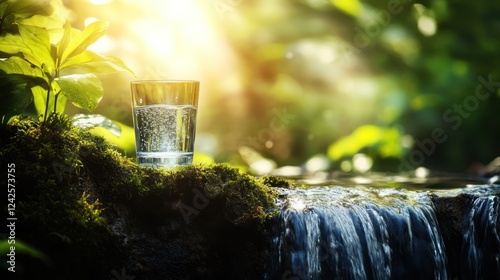 Pure water glass by stream, sunlight, nature