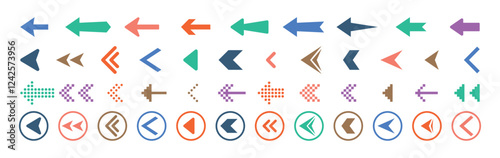 Colorful arrows set . Arrow cursor vector icon. Bullet points arrow collection. Blue, orange, green, yellow colors. Vector design element. Vector illustration. 