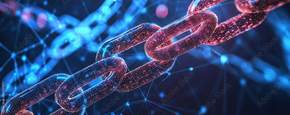 Blockchain technology concept showing a digital chain connecting on a network background with glowing nodes Blockchain technology concept showing a digital chain connecting on a network background with glowing nodes