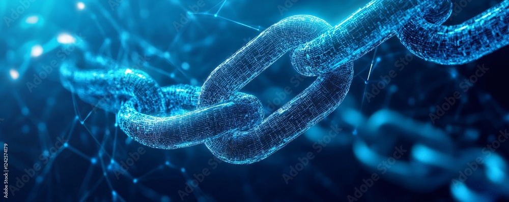 Glowing blue abstract chain links represent blockchain technology and secure digital transactions