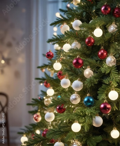 The branches of a fragrant fir Christmas tree are adorned with sparkling white lights and colorful ornaments, evergreen spruce, colored ornaments