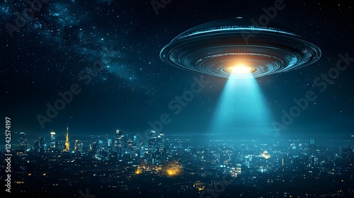 Fototapeta Naklejka Na Ścianę i Meble -  Massive alien mothership casting a dark shadow over a futuristic glowing metropolis at night  The towering spacecraft emits a mysterious beam of light creating an and enigmatic scene