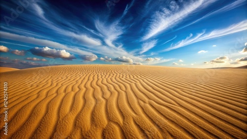 The desert floor was covered in a thick layer of fine sand, stretching out to infinity with no visible signs of life, sandy dunes, dry riverbeds photo