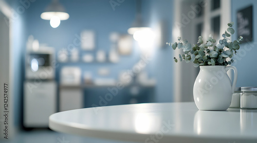Eucalyptus plant decorating white table in blurred blue healthcare room