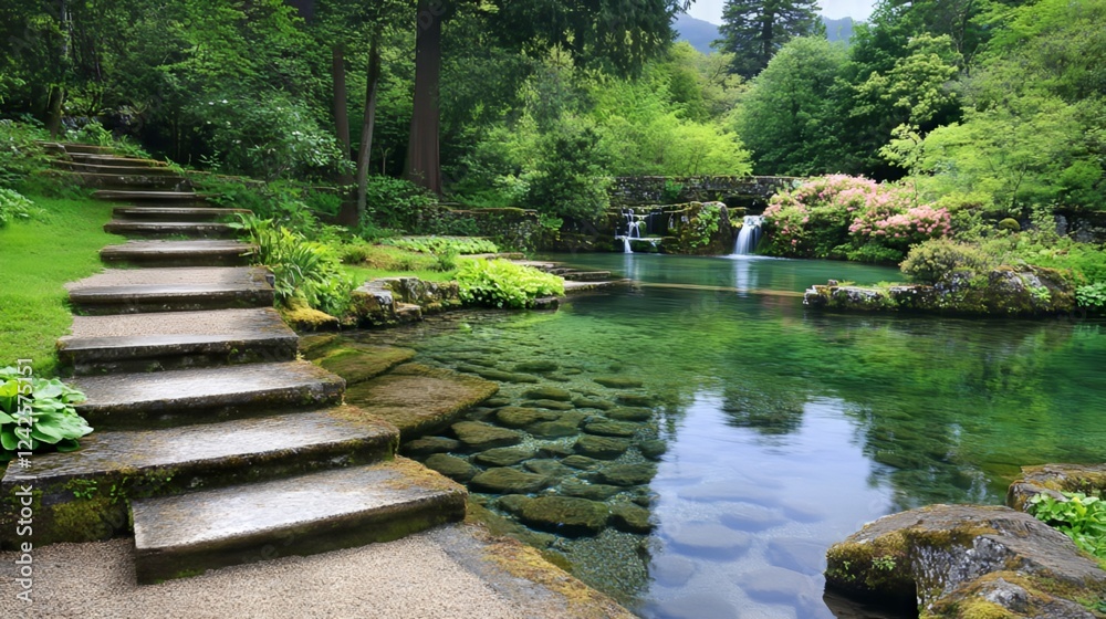 Serene Garden Steps Leading to Tranquil Pool Serene Garden Steps Leading to Tranquil Pool