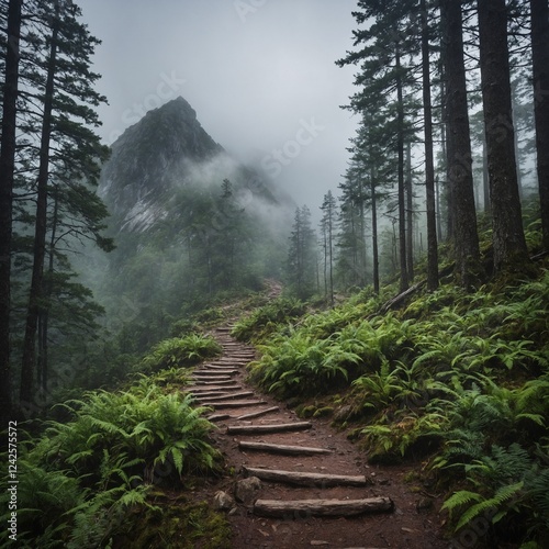 Misty Mountain Trail – A winding trail through a dense forest, leading up to a towering mountain covered in mist.