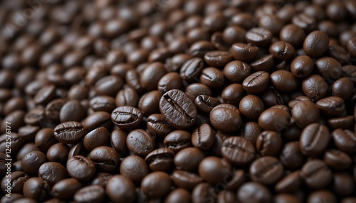 Close-up view of roasted dark brown coffee beans, rich aroma, high-quality coffee beans texture, perfect for caffeine lovers, fresh coffee beans background