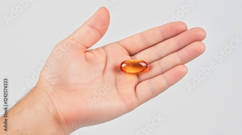 Hand holding capsule of Omega 3 on white background Close up High resolution product Health care concept photo