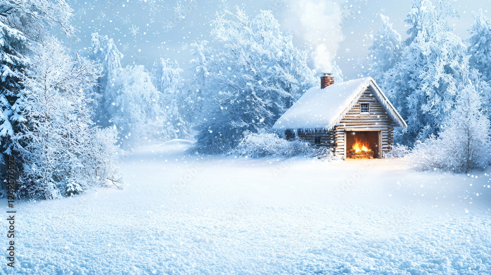 Cozy log cabin nestled in a winter wonderland with snowfall, smoke rising from chimney, surrounded by frosted trees, glowing fireplace illuminating the scene. Cozy log cabin nestled in a winter wonderland with snowfall, smoke rising from chimney, surrounded by frosted trees, glowing fireplace illuminating the scene.