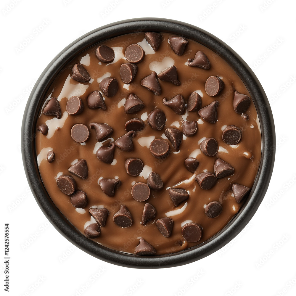 Fototapeta premium chocolate chip pudding in a dark bowl top view isolated on transparent white background, clipping path