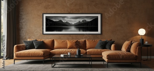 A modern room design featuring a large horizontal black frame mockup over a broad brown sofa