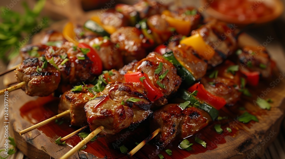 A close-up of tender kebabs served with fresh vegetables and a drizzle of sauce, placed on a rustic wooden table under soft natural light. A close-up of tender kebabs served with fresh vegetables and a drizzle of sauce, placed on a rustic wooden table under soft natural light.