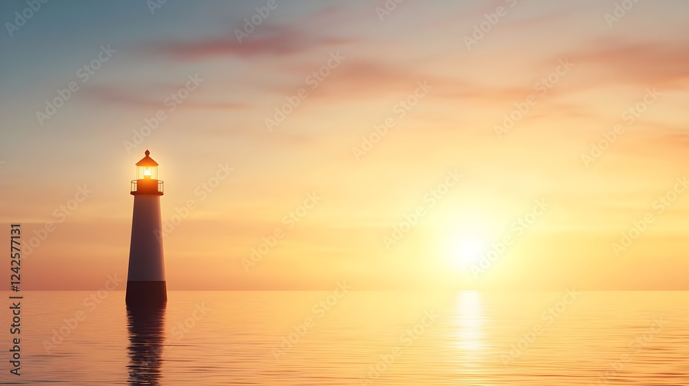 Lighthouse Silhouette at Sunset Over Calm Ocean Lighthouse Silhouette at Sunset Over Calm Ocean