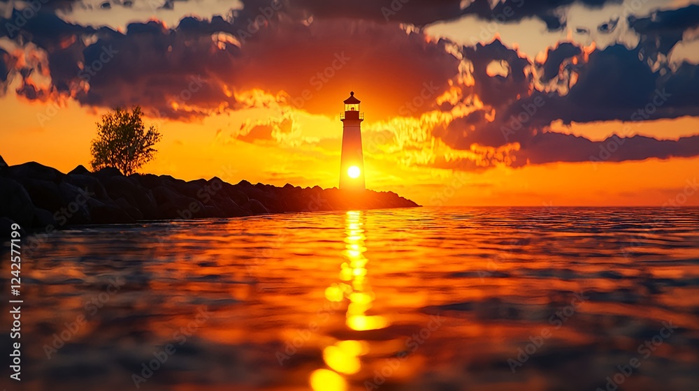 Fototapeta premium Lighthouse Silhouette at Sunset Over Ocean