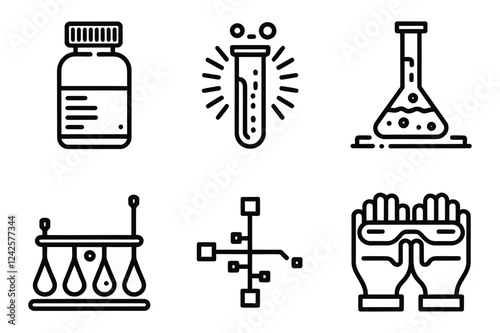 Science and Laboratory Black Line Icons – Chemistry, Physics, and Safety Equipment Vector Set