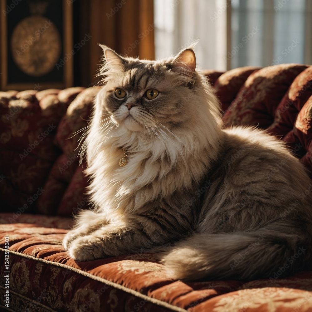 Fototapeta premium Persian Cat Resting on a Velvet Couch. cat on the couch. 