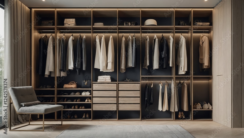 A modern, minimalist walk-in closet with stylish shelving, elegant rods for clothing A modern, minimalist walk-in closet with stylish shelving, elegant rods for clothing