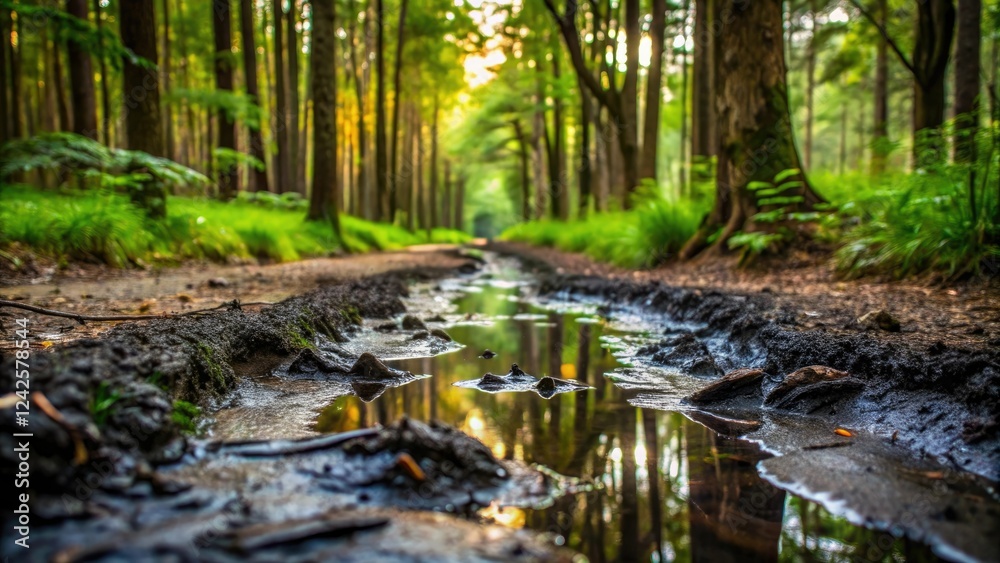 Fototapeta premium Wet and muddy forest floor with a trail of black slime leading off into the distance, swampy ground, muddy terrain, nature's grime, dirty path