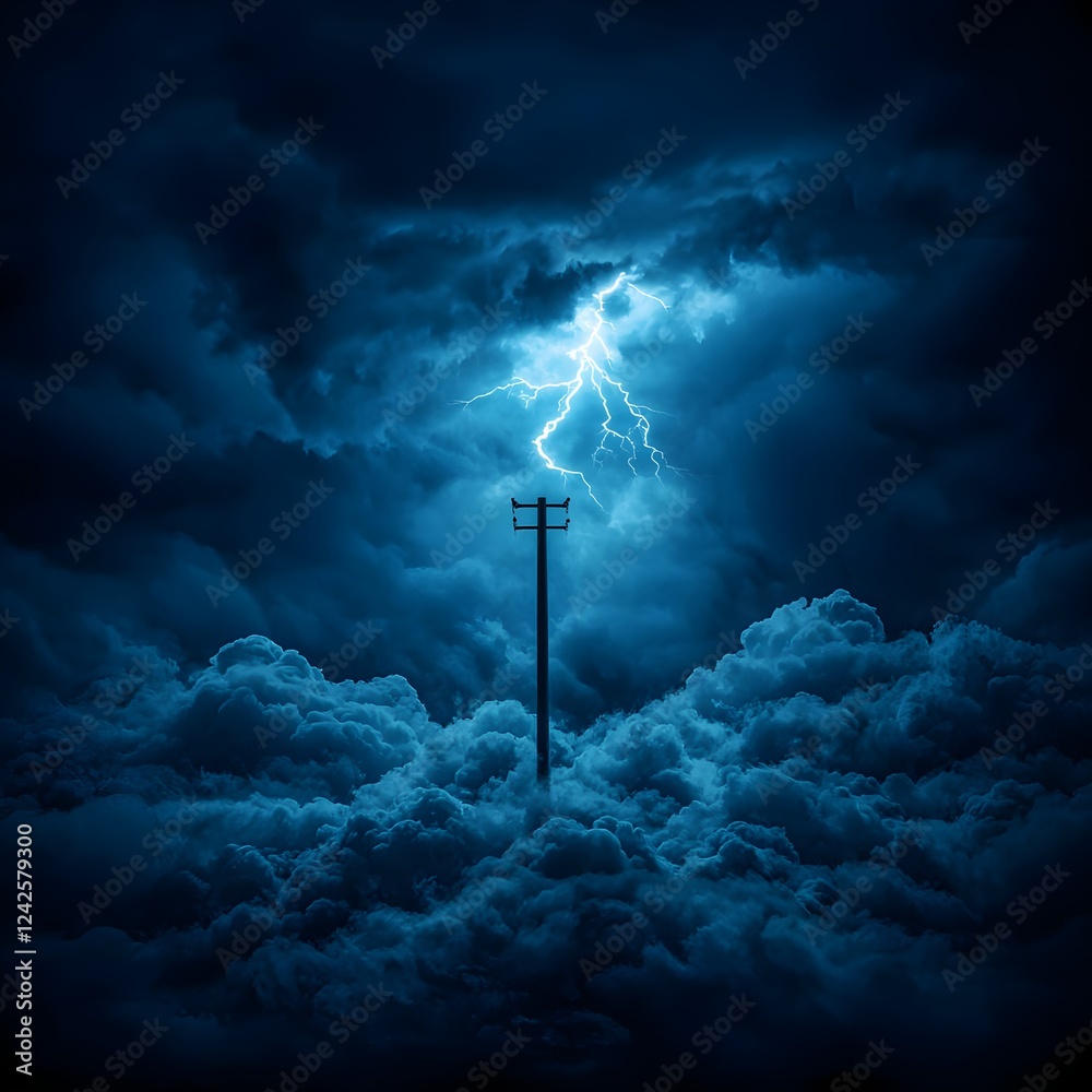Fototapeta premium Lightning Strikes Power Pole in Dark Stormy Night