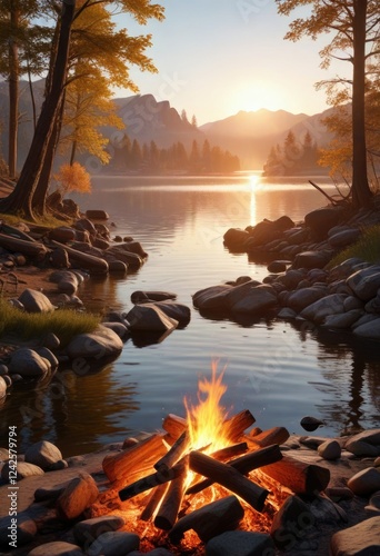 warm sunlight on water as a campfire crackles and spits in the foreground, sun, natural